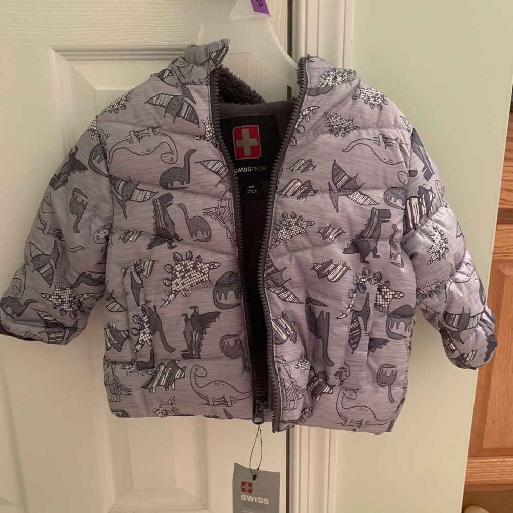 Brand New Baby Toddler Boys Puffer Coat by Swiss Tech Grey Dinosaur Pattern 12M